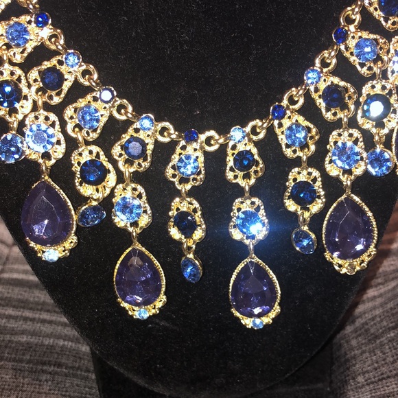 Gold Tone with Blue Stones Necklace - Picture 2 of 6